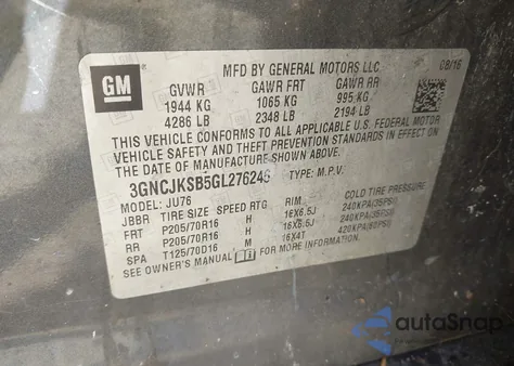 2016 Chevrolet Trax 1Ls from USA, damaged, VIN 3GNCJKSB5GL276246